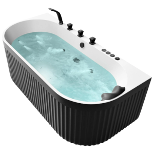 67 in. x 32 in. Flat Bottom Stone Resin Freestanding 92 Gallon Combination Bathtub with Center Drain in Black and White.